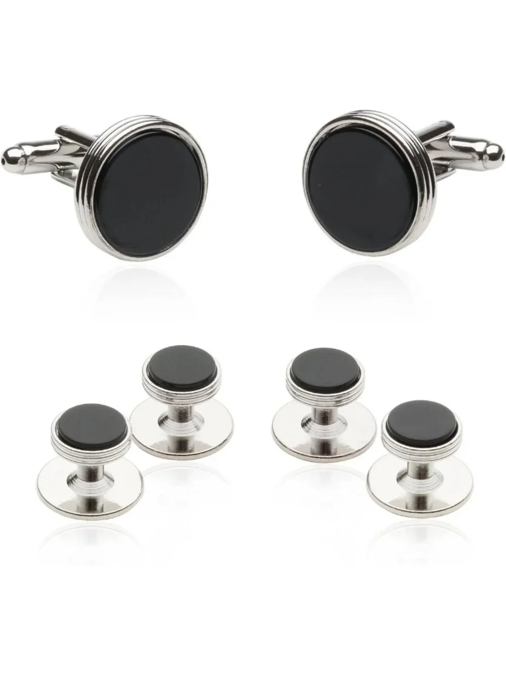 Elegant Onyx & Silver-Tone Tuxedo Cufflinks & Studs Set - Formal Wear Gift Box